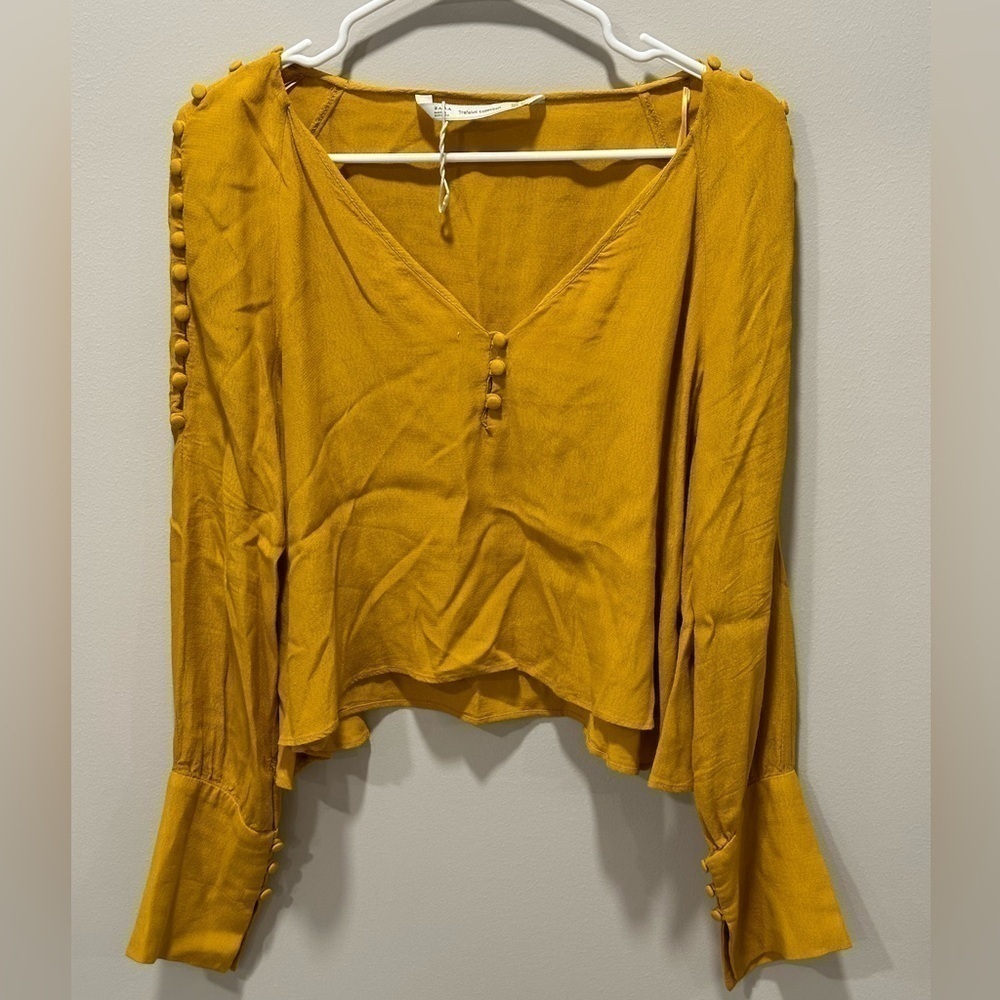 Zara Mustard Yellow V-Neck Button-Trim Blouse